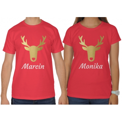 Koszulki dla par zakochanych komplet świąteczny Renifery + imię